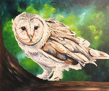 A  barn owl perched and ready for flight on a tree branch, with green and blue foliage in the background. The artwork shows the owl in white, beige, brown, and gray tones, and the background is a mix of green, blue, and dark green brushstrokes.