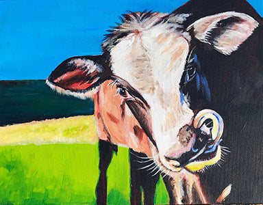 A colorful painting of a cow in a field, with bright blue sky, green grass, and the cow shown in close-up with expressive brushstrokes.