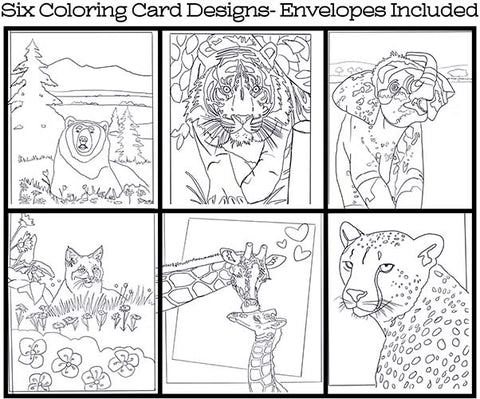 Wild Animals - Coloring Card Set (6 Cards With Envelopes) Set #1