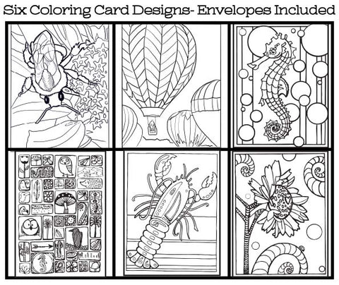 Whimsical Doodles - Coloring Card Set (6 Cards With Envelopes) Set #5